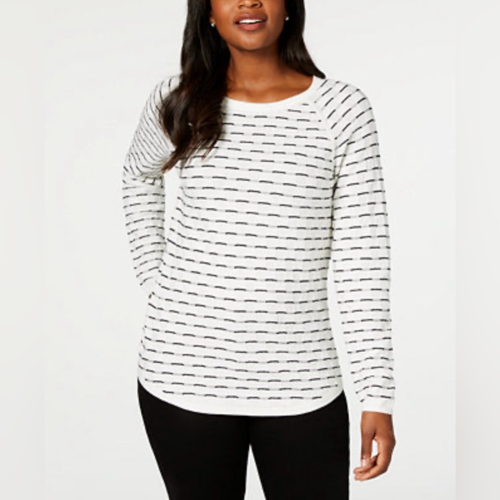 SOUTHERN LADY Sweater Cotton Mock Neck NEW White Black Striped Long Sleeve Large